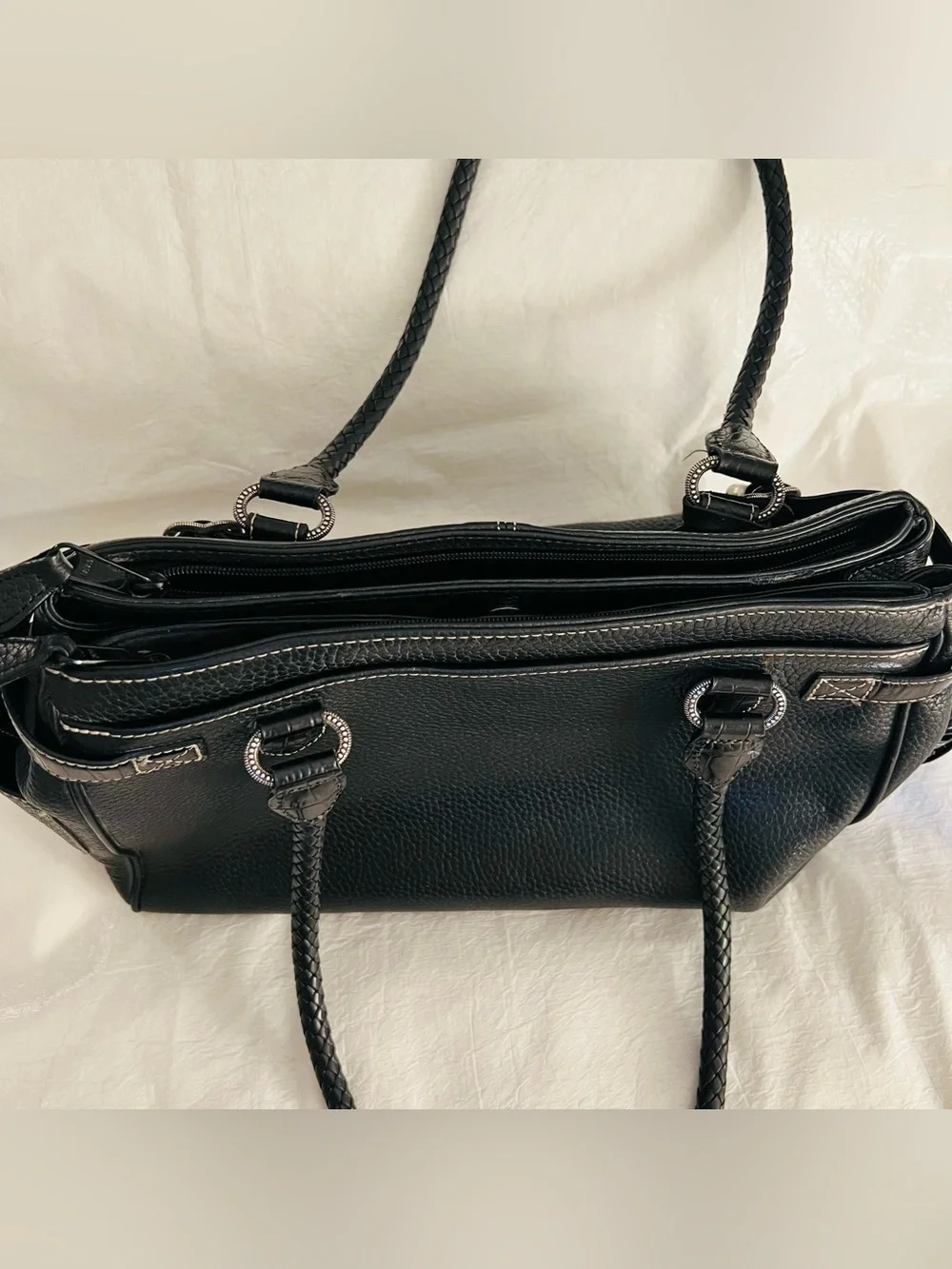 Brighton Black Pebbled Satchel Double Handles Zip Heart Charm Inner Pockets*